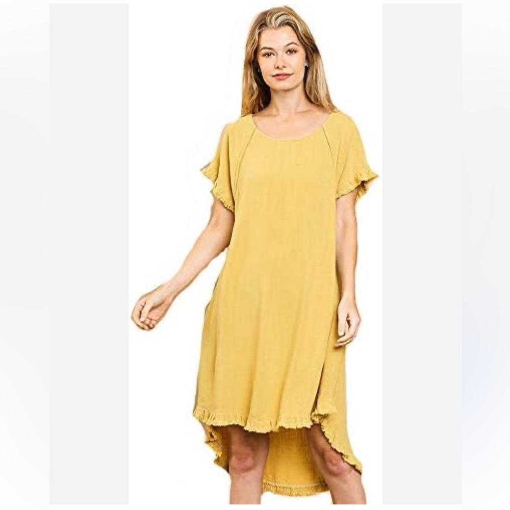 UMGEE Boho Linen Blend Short Sleeve Frayed Trim High Low Dress Golden Yellow S